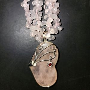 Vintage LUC Sterling and Rose Quarts Heart and Beaded Knecklace